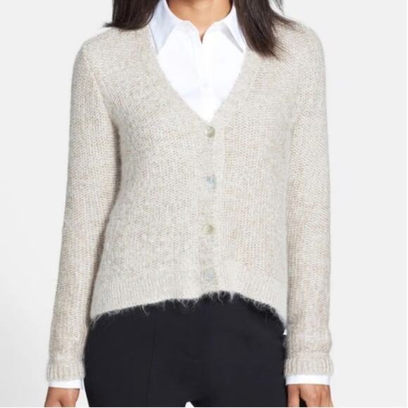 Eileen Fisher Women's V-Neck Maple Oat Cropped Cardigan Sweater Metallic Mohair - Picture 4 of 9